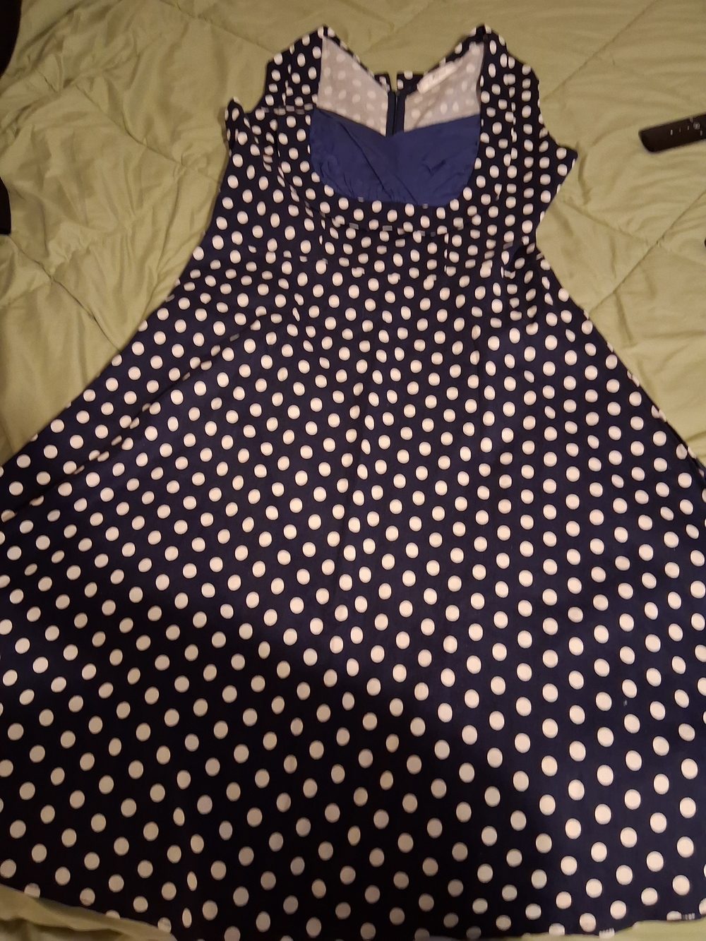 Navy and White Polka Dot Casual Dress with Blue Bodice